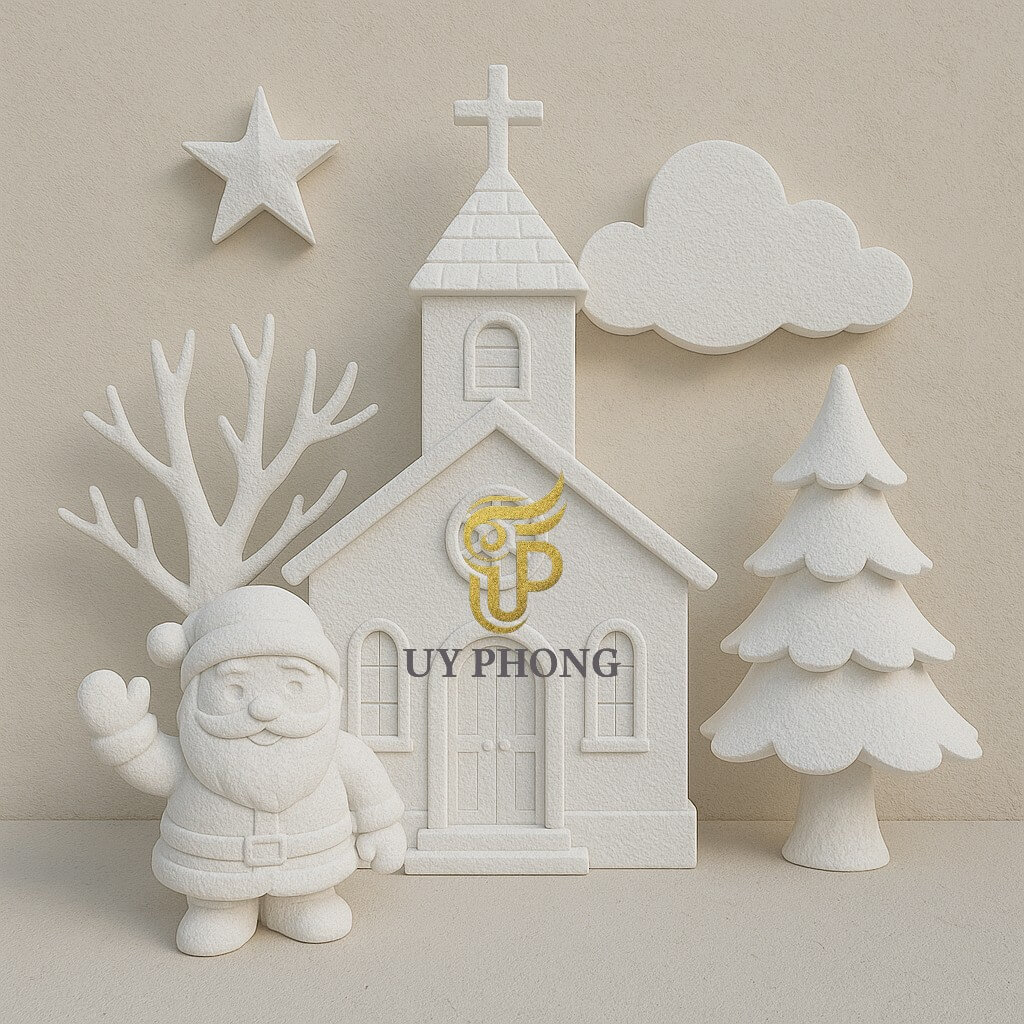 Mô hình trang trí Noel bằng xốp trắng – cây thông, nhà thờ, tuần lộc