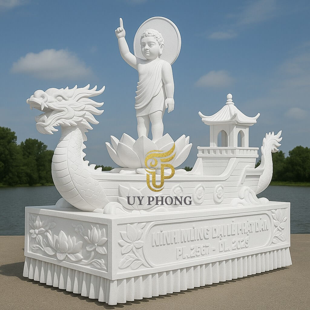 Mô hình xe diễu hành lễ Phật Đản số 2 – tượng Phật sơ sinh, rồng và tháp sen bằng xốp trắng