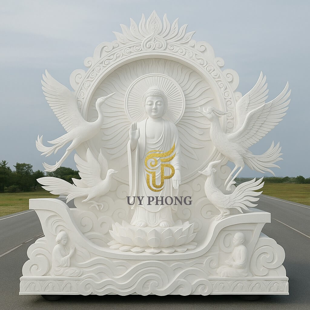 Mô hình xe diễu hành lễ Phật Đản số 3 – tượng Phật sơ sinh, vòng hào quang và hoa sen trắng
