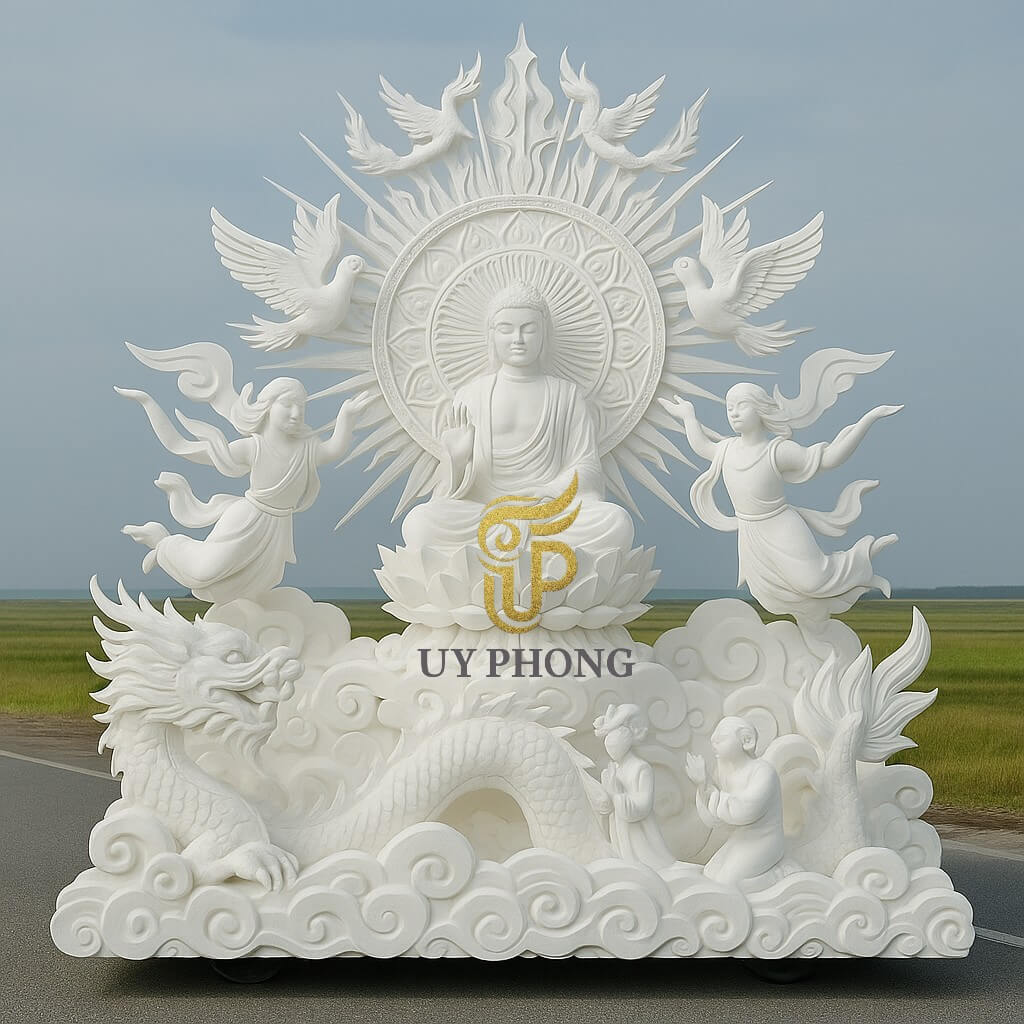 Mô hình xe diễu hành lễ Phật Đản số 4 bằng xốp trắng – tượng Phật và hào quang lớn