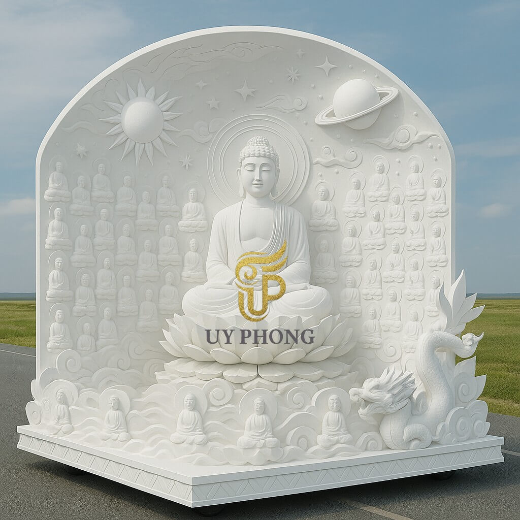 Mô hình xe diễu hành lễ Phật Đản bằng xốp trắng – tượng Phật sơ sinh và hoa sen nghệ thuật